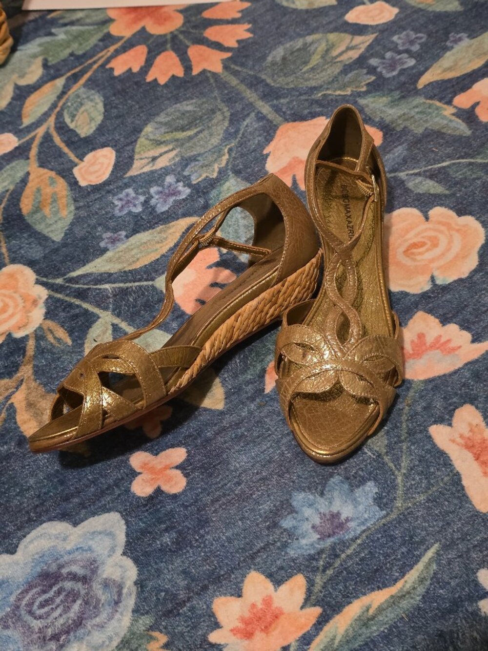 BCBGMAXAZRIA "Dulce" Woven Leather Wedge Sandal - golden
